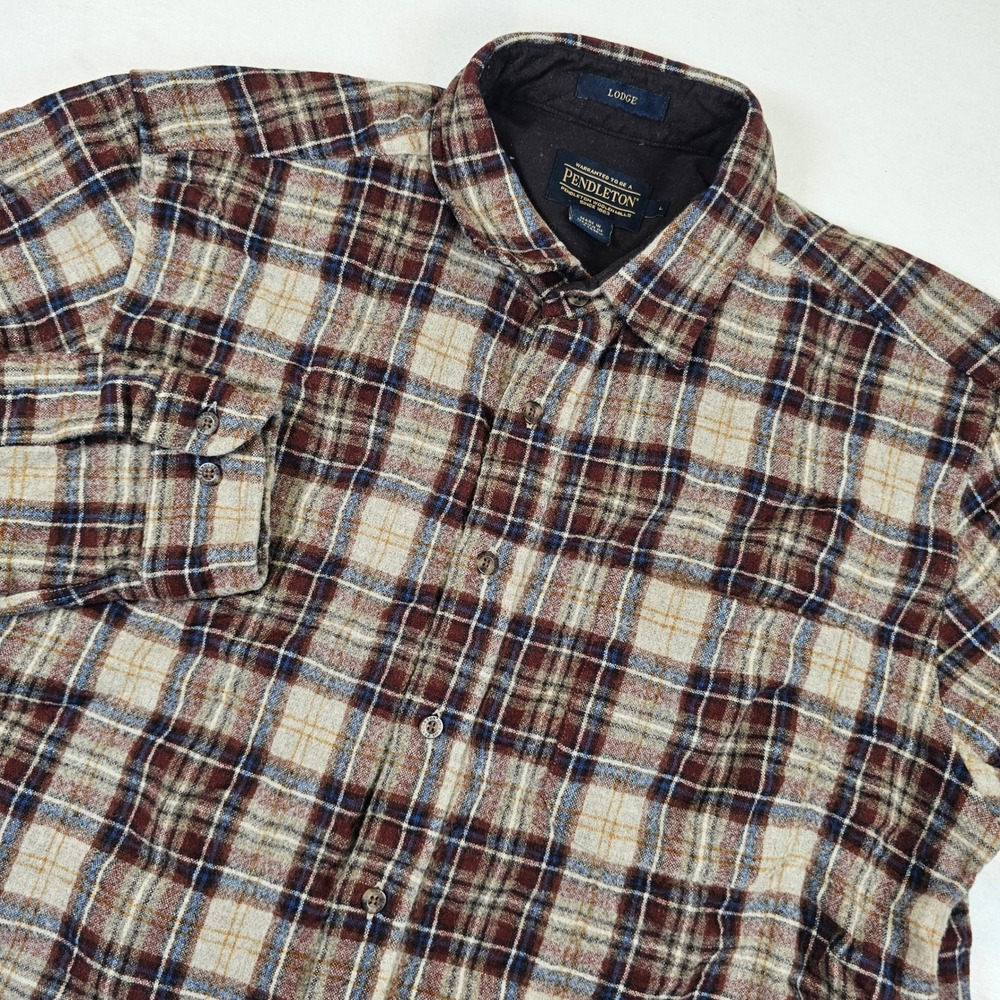 Pendleton Lodge Shirt Mens Large Plaid 100% Virgin Wool Burgundy Cream Blue